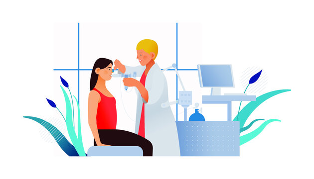 Doctor Performing Body Plethysmography On Patient In Medical Office Or Laboratory. Respiratory Diseases. Modern Flat Vector Illustration. Lung Function Test On Patient.