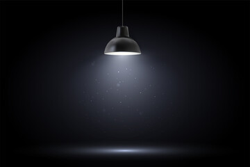 Lamp in dark room. Spotlight on black background. Place for text or product presentation. - obrazy, fototapety, plakaty