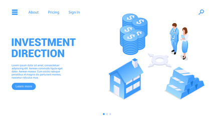 Investment direction.The concept of investing money in real estate, currency, precious metals. Vector illustration in isometric style. Isolated on white background.