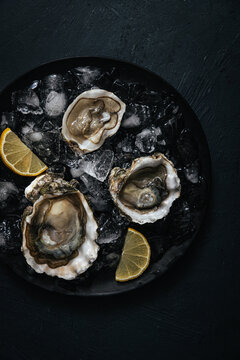 Plate of oysters on ice with lemon wedge