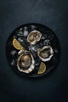 Plate of oysters on ice with lemon wedge