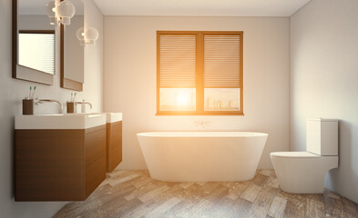 Fototapeta na wymiar Modern bathroom including bath and sink. 3D rendering.. Sunset.