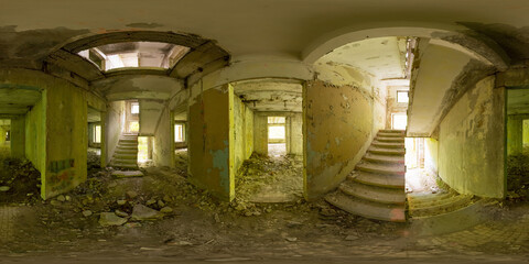 Spherical panorama 360 degrees of ruined staircase in abandoned building with shabby walls and...