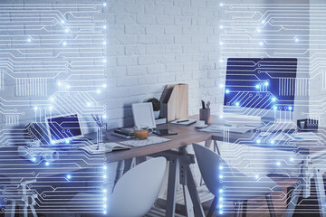 Double exposure of tech theme drawings and office interior background. Technology concept.