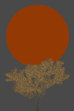 Illustration of tree against a giant sun