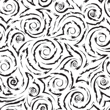 Vector monochrome geometric seamless pattern of flowing spirals curls and corners.Vector black and white geometric seamless texture of smooth and broken lines.Stylized pattern of water flow or waves.
