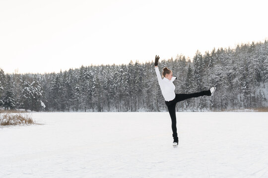 Ice Skater Training In The Nature