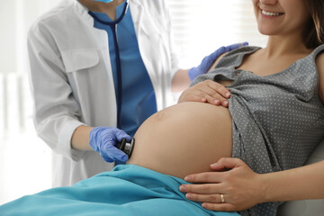 Doctor examining woman before giving child birth in maternity hospital, closeup