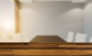 Background with empty table. Flooring. Modern meeting room. 3D rendering.. Sunset.