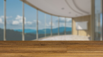 Background with empty wooden table. Flooring. Modern office building interior. 3D rendering.