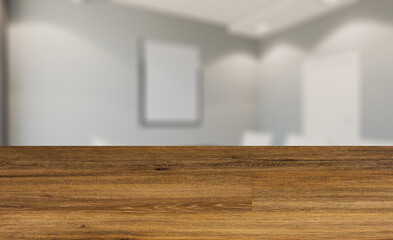 Fototapeta na wymiar Background with empty wooden table. Flooring. Modern office Cabinet. 3D rendering. Meeting room. Mockup.