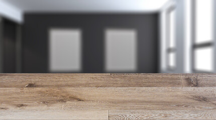 Background with empty wooden table. Flooring. Elegant office interior. Mixed media. 3D rendering.. Blank room.