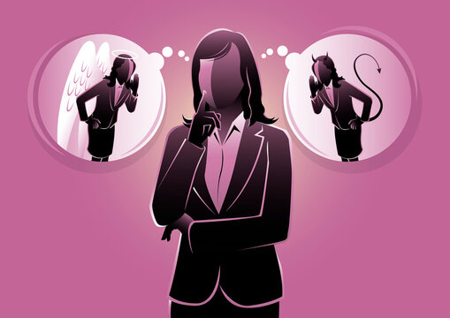 Businesswoman Listening To The Angel And Devil