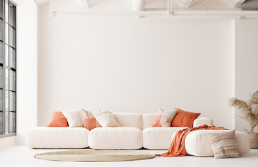 Modern white living room interior in loft, wall mock up, 3d render © artjafara