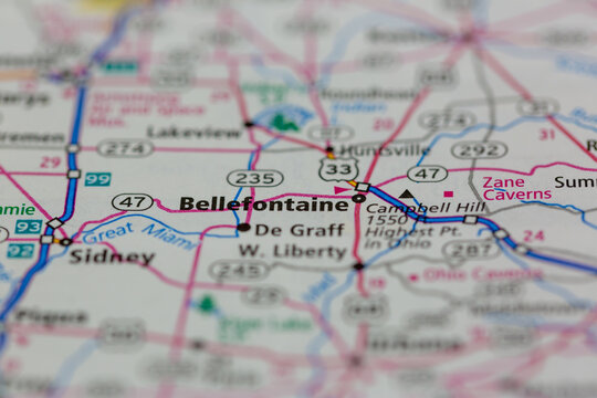 06-14-2021 Portsmouth, Hampshire, UK, Bellefontaine Ohio USA shown on a Geography map or Road map