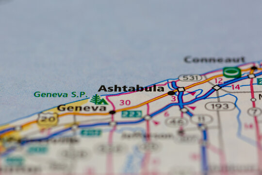 06-14-2021 Portsmouth, Hampshire, UK, Ashtabula Ohio USA shown on a Geography map or Road map