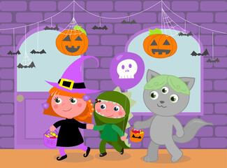 Trick or treat, Halloween children with a real alien, cartoon illustration