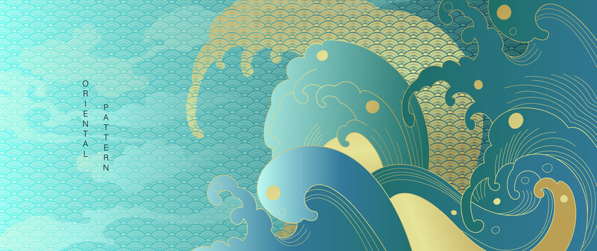 Luxury oriental style background vector. Chinese and Japanese oriental line art with golden texture. Wallpaper design with peony flower and Ocean and wave wall art. Vector illustration.