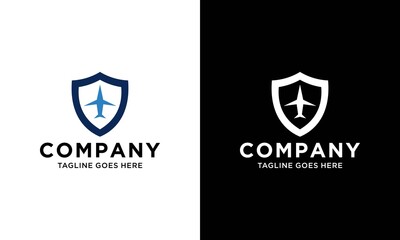 Shield and airplane travel sign icon or logo. Travel Security concept. Travel insurance vector illustration.