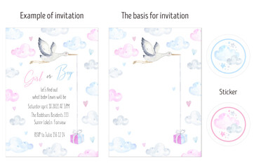 Boy or Girl invitation card layout watercolor. Gender reveal party Invitations card pink and blue. A stork flying in the sky delivering newborn baby.  Blue and pink clouds. Baby shower invitation - obrazy, fototapety, plakaty