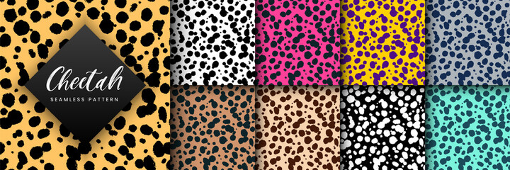 Vector Trendy cheetah skin seamless pattern set. Abstract hand drawn wild animal leopard spots texture for fashion print design, fabric, digital paper, background, wallpaper