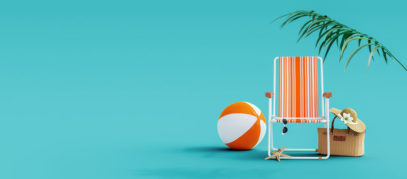Orange beach chair with summer accessories on turquoise blue background 3D Rendering, 3D Illustration