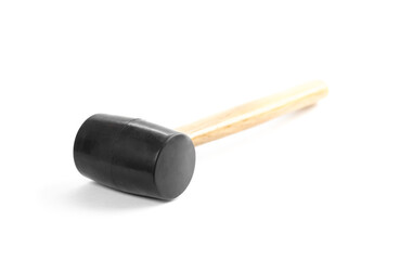 Rubber mallet with wooden handle. Close up. Isolated on a white background
