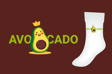 Vector illustration of cute happy character green and yellow avocado with crown and sock on color background