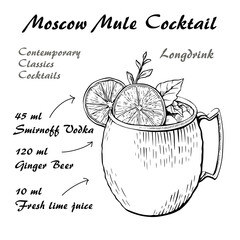 Cocktail Moscow mule recipe on izolated background
