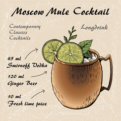 Cocktail Moscow mule recipe on color background
