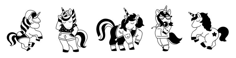Vector set of illustration of beautiful black and white unicorn in different pose with horn and mane on white color background