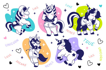 Vector set of illustration of beautiful black and white unicorn in different pose with horn and mane on white color background with heart, word and bright spot
