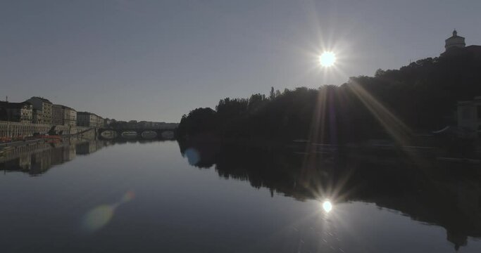 Aerial footage drone view of River in Turin italy Torino Mole view // no video editing

