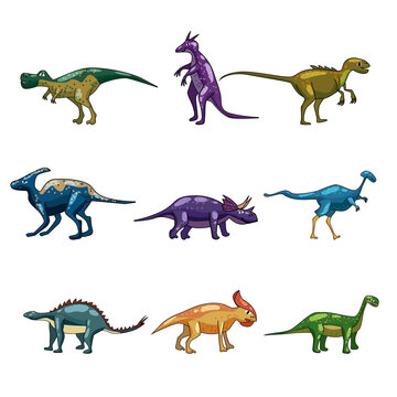 Set funny prehistoric dinosaurus Tyrannosaurus, Triceratops, Stegosaurus, Brontosaurus. Collection ancient wild monsters reptiles cartoon style. Vector isolated