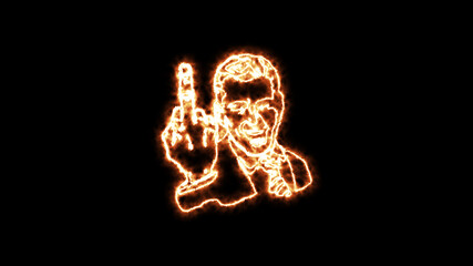 Fuck you, rude sign, fuck off, provocation gesture hot firelight glowing on black background. Symbol obscene fuck you by fire lights. Royalty high-quality free stock of hand, middle finger
