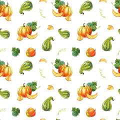 Orange pumpkin,green striped zucchini on white background.