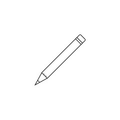 Wooden pencil with rubber eraser. Theme for stationery and office supplies. Line and outline vector icon. Illustration оn blank white background.  