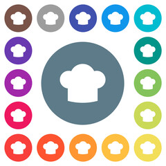 Chef hat flat white icons on round color backgrounds