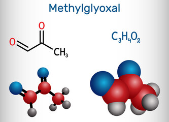 Methylglyoxal, MGO, pyruvaldehyde, pyruvic aldehyde molecule. It is used as flavoring agent, and in tanning. Structural chemical formula, molecule model