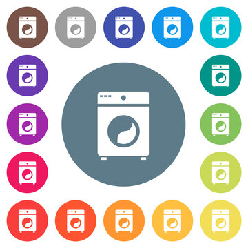 Washing machine flat white icons on round color backgrounds