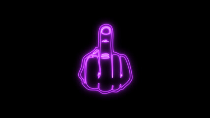 Fuck you, fuck off, provocation gesture neon sign fluorescent light glowing on black background....