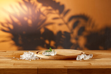 Wooden table in the shade of tropical leaves and cold ice cubes with mint 
