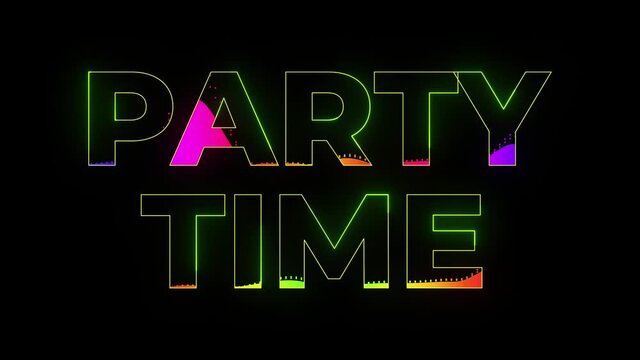Dance party in 80s style. Party time text animation. Glowing neon lights. Retrowave and synthwave style. Intro text. Vj animation for night clubs, LED screens and projectors, music videos