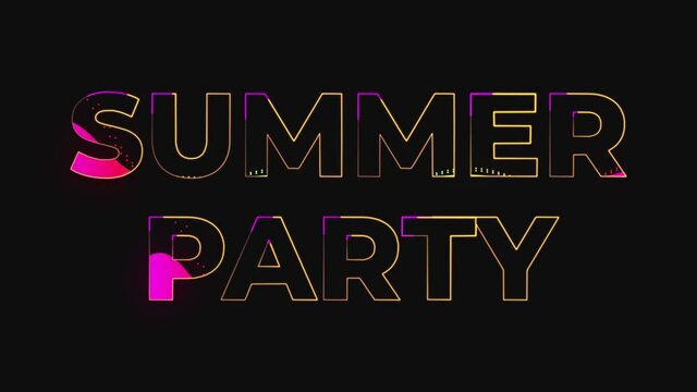 Dance party in 80s style. Summer party text animation. Glowing neon lights. Retrowave and synthwave style. Intro text. Vj animation for night clubs, LED screens and projectors, music videos