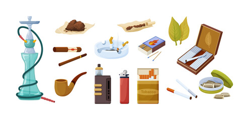 Collection tobacco products. Set of different things and accessories for smoking vector illustration