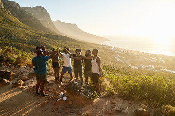 toasting with beers outdoors