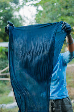 Asian woman dyeing indigo