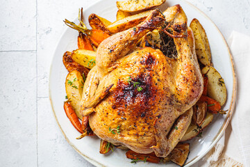 Baked whole chicken stuffed with thyme and lemon with vegetables.