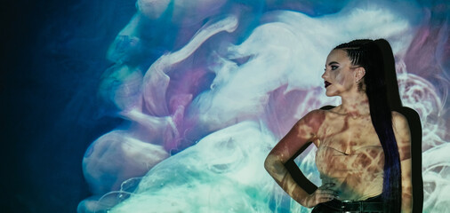 Feminine beauty. Blossom energy. Miracle nature. Conceptual art. Confident woman bright makeup posing double exposure flower smoke cloud background copy space.