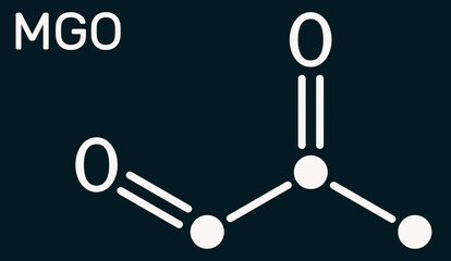 Methylglyoxal, MGO, pyruvaldehyde, pyruvic aldehyde molecule. It is used as flavoring agent, and in tanning. Skeletal chemical formula on the dark blue background